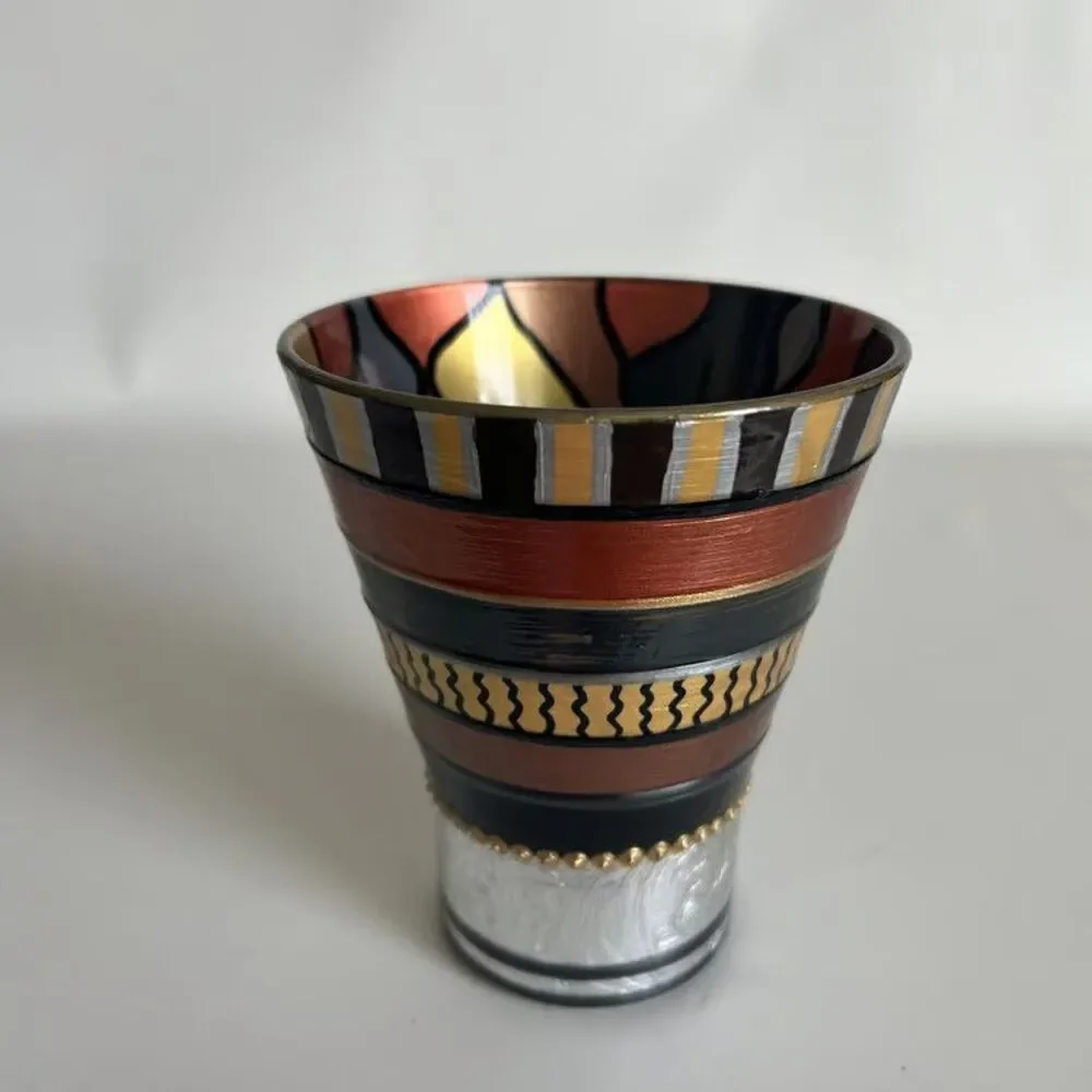 Hand Painted Art Glass Votive Holder Vase AR Signed Metallic Copper Gold Tribal